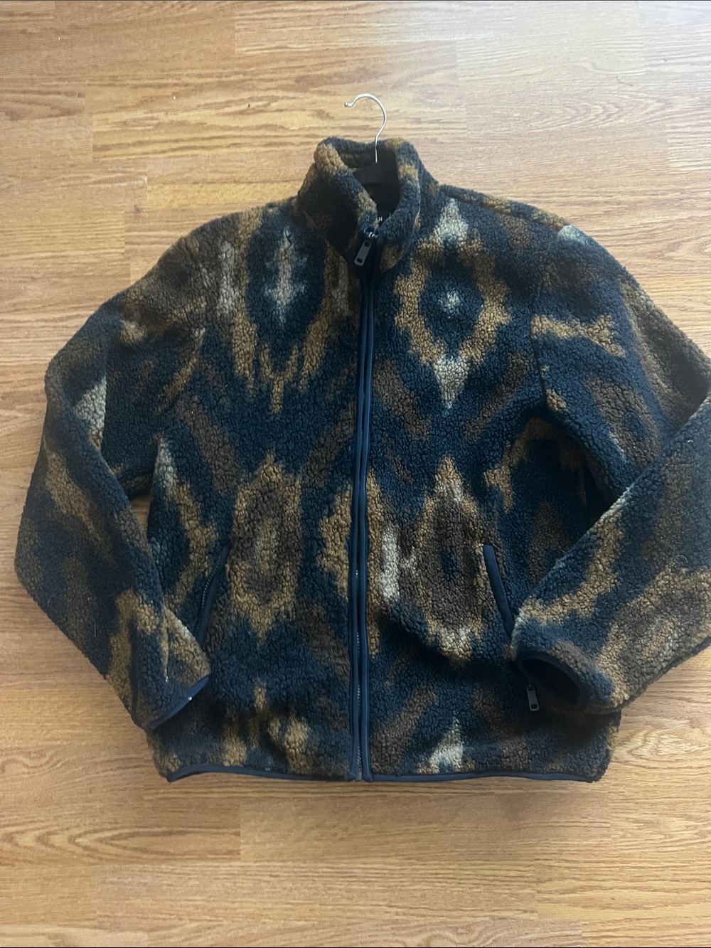 Men's Zip-Up Sherpa Jacket in Brown and Black Pattern